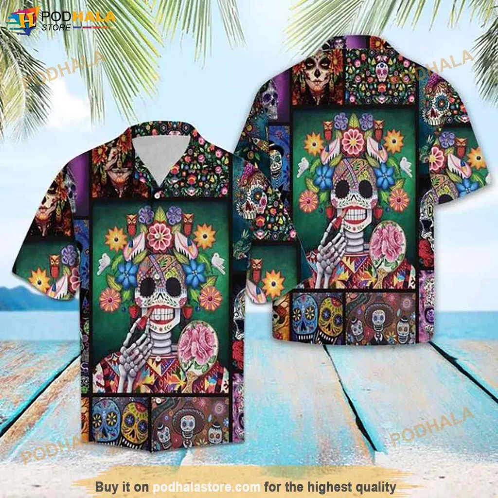 Vibrant Sugar Skull Hawaiian Shirt, Colorful Día De Los Muertos Design
