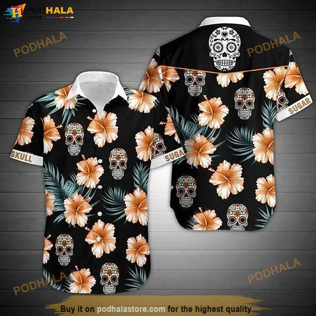 Vibrant Sugar Skull Hawaiian Shirt, Floral Design With Hibiscus And Festive Colors