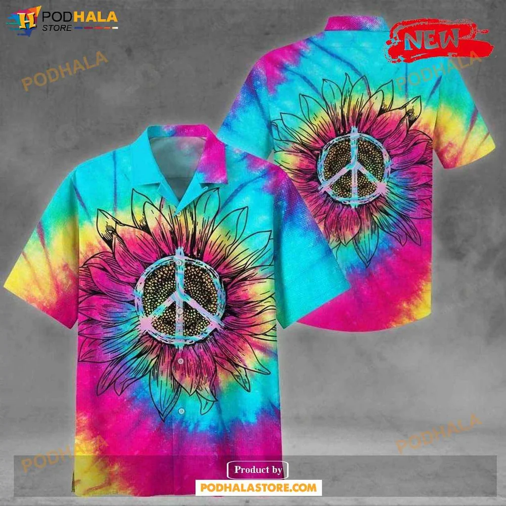 Vibrant Sunflower Aloha Shirt, Casual Tie Dye Unisex Beach Shirt For Hippie Lifestyle