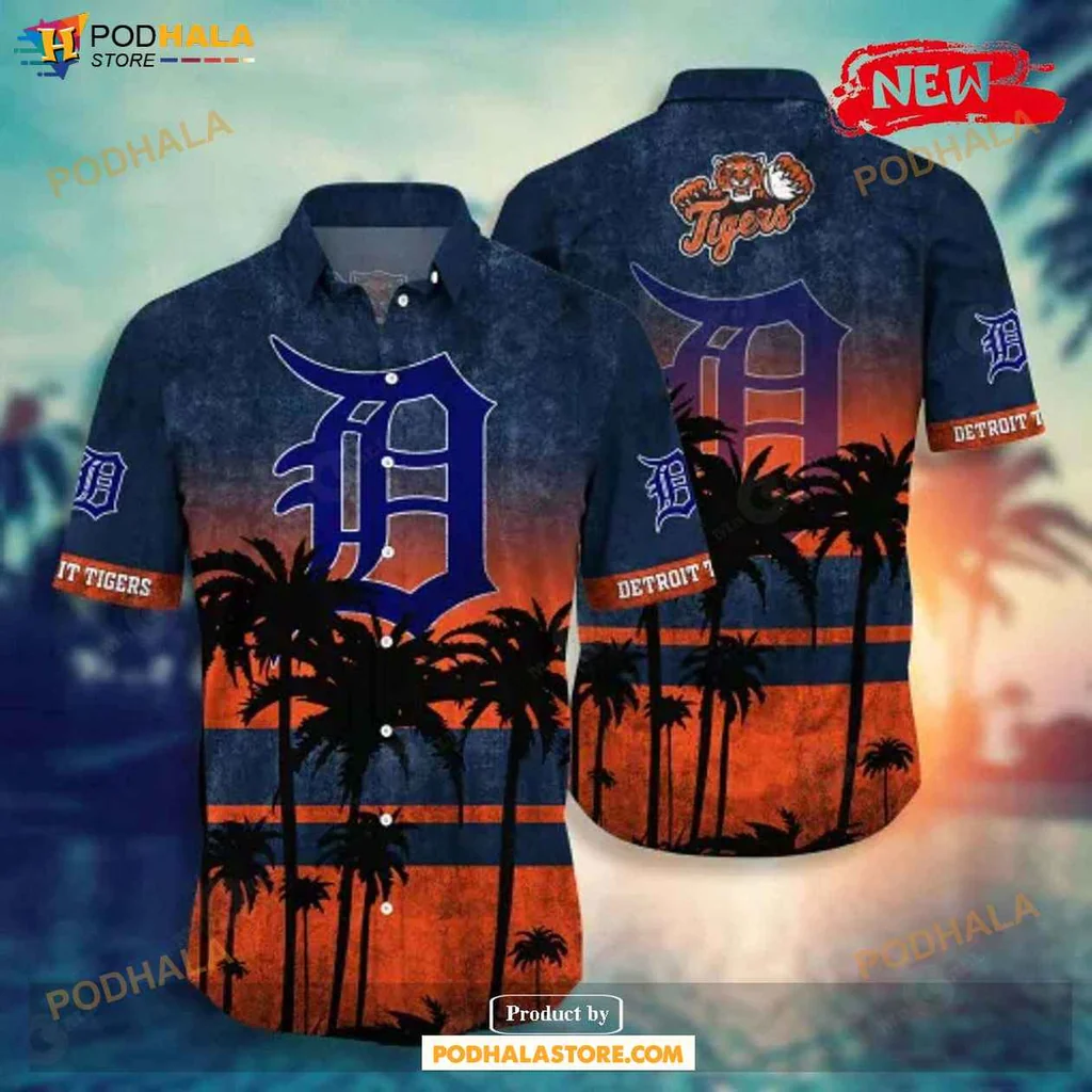 Vibrant Tigers Aloha Shirt, Detroit Tigers Sunset Palm Tree Design Shirt