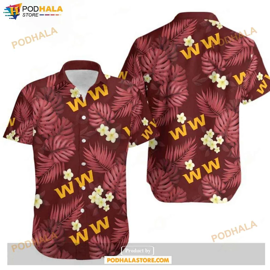 Vibrant Tropical Washington Fan Hawaiian Shirt, Maroon With Green Leaves And White Flowers
