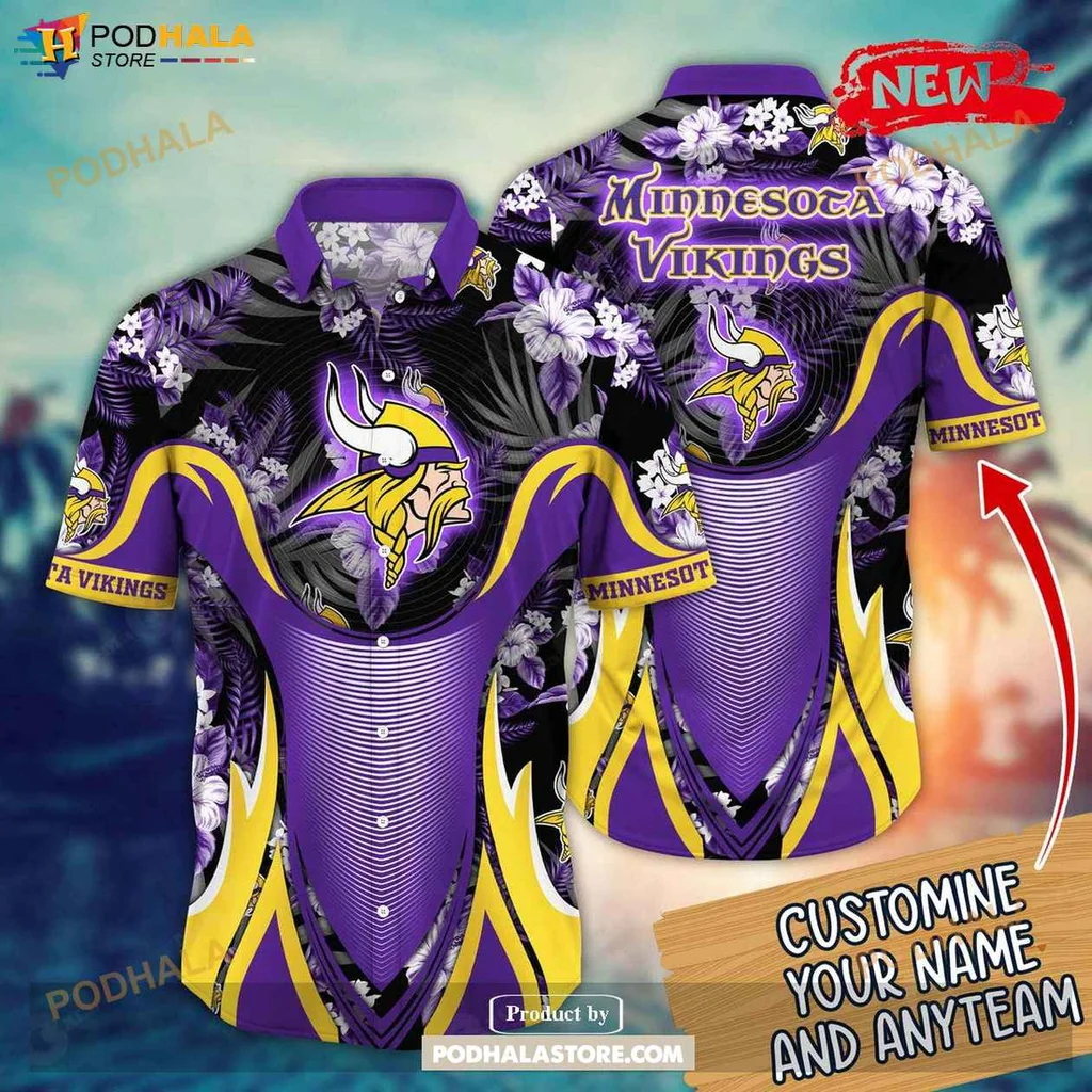 Vibrant Vikings Aloha Shirt, Personalized Summer Floral Football Shirt