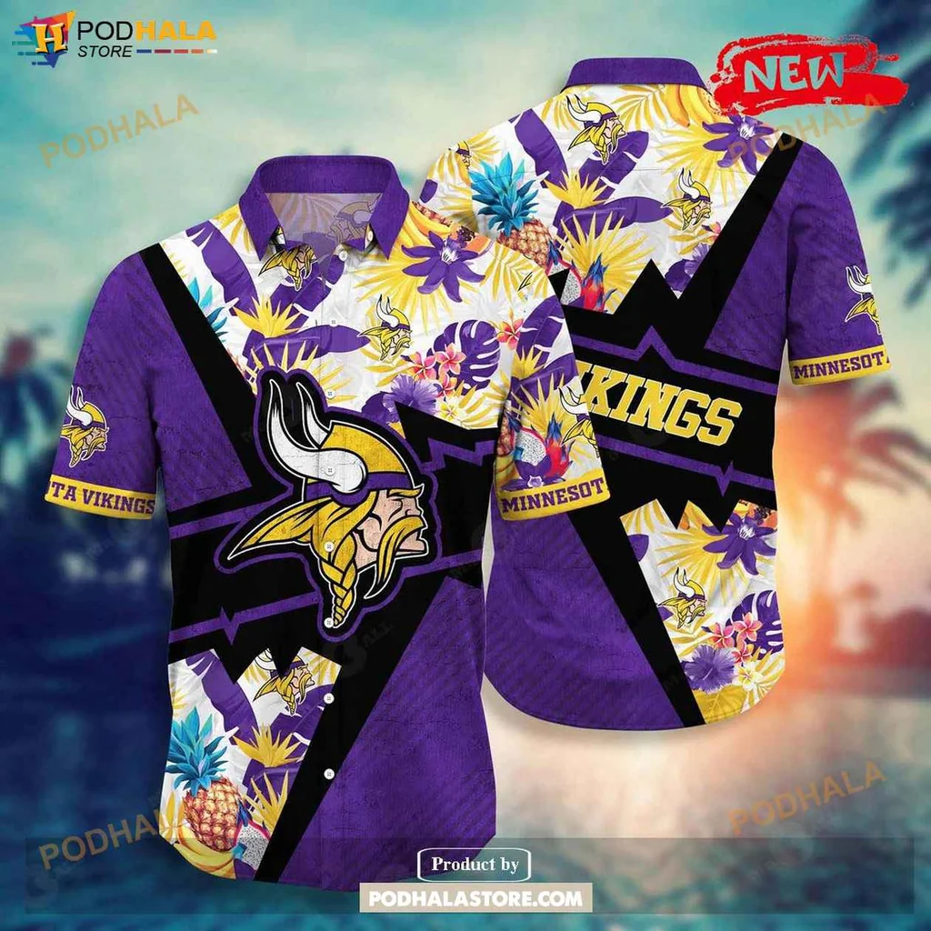 Vibrant Vikings Aloha Shirt, Personalized Summer Football Tee With Tropical Flowers