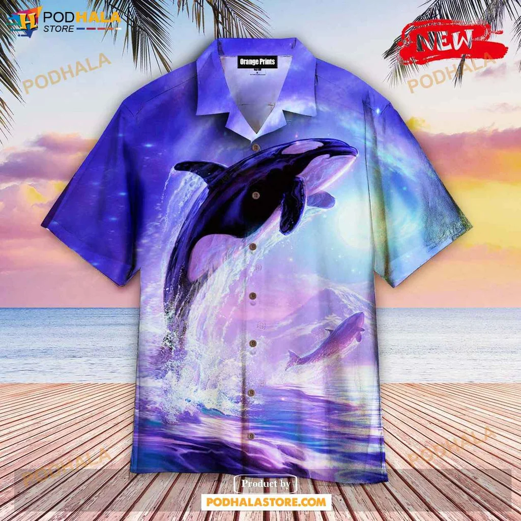 Vibrant Whale Graphic Aloha Shirt, Purple Blue Ocean Design Summer Shirt