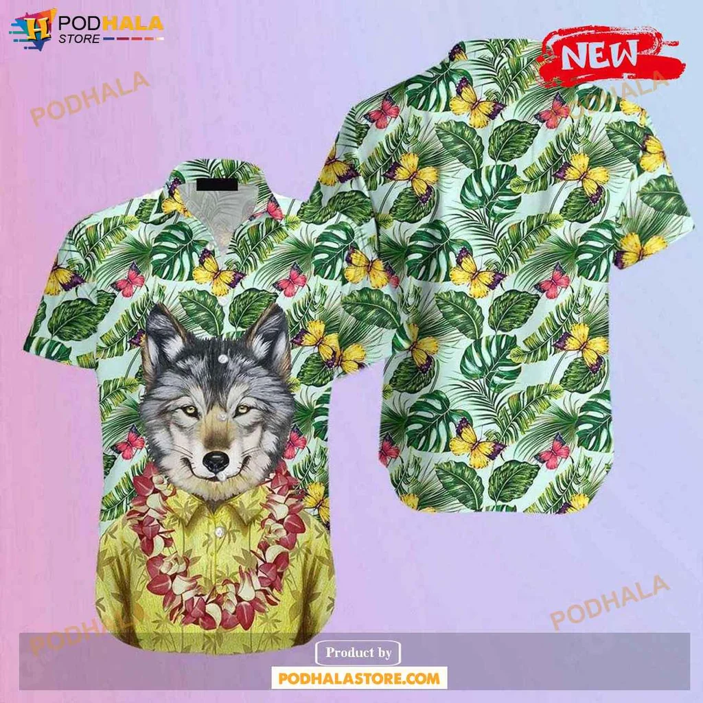 Vibrant Wolf Aloha Shirt, Tropical Summer Shirt With Lush Leaves And Flowers