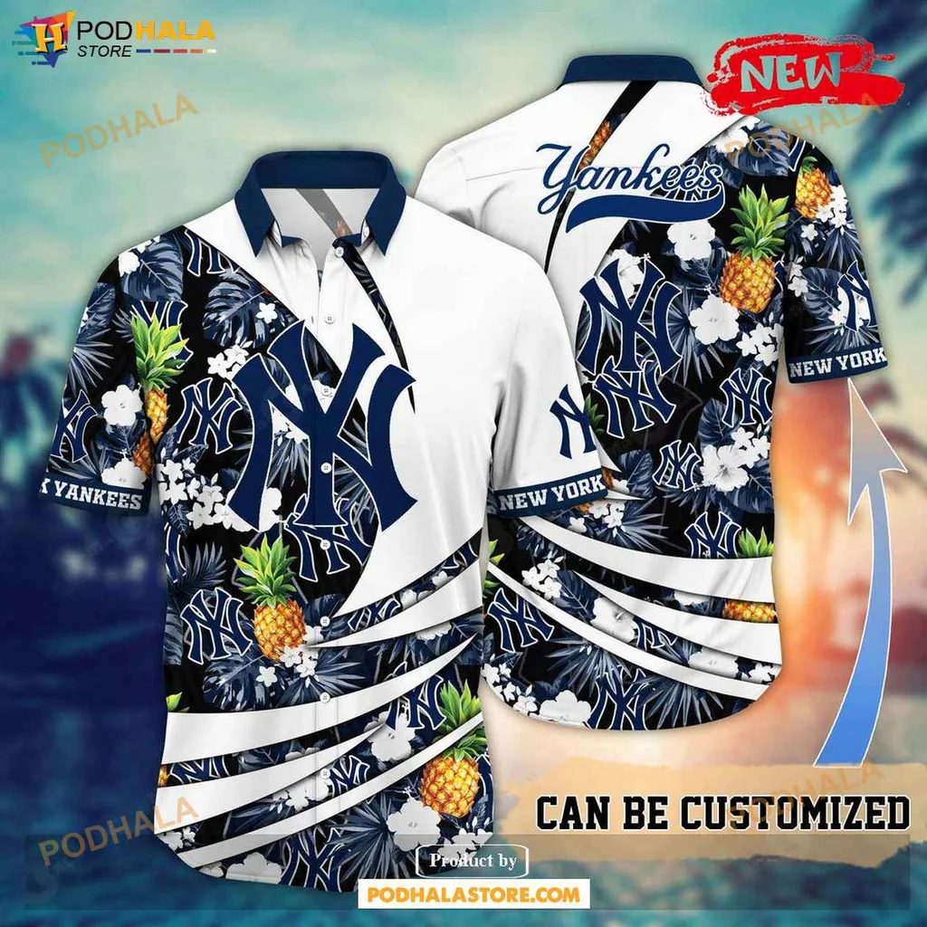 Vibrant Yankees Aloha Shirt, Summer Baseball Shirt With Pineapples And Flowers