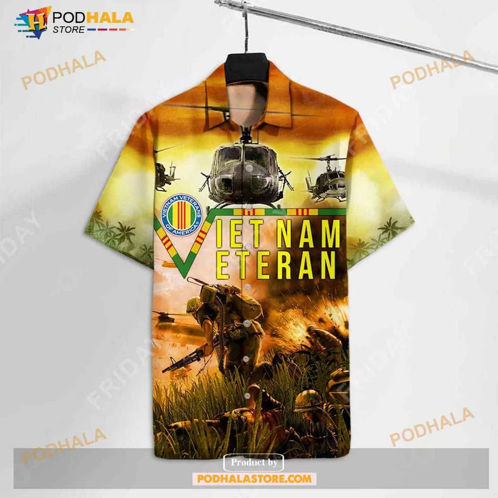 Vietnam Veteran Hawaiian Shirt With Bold Yellow Text And Military Design