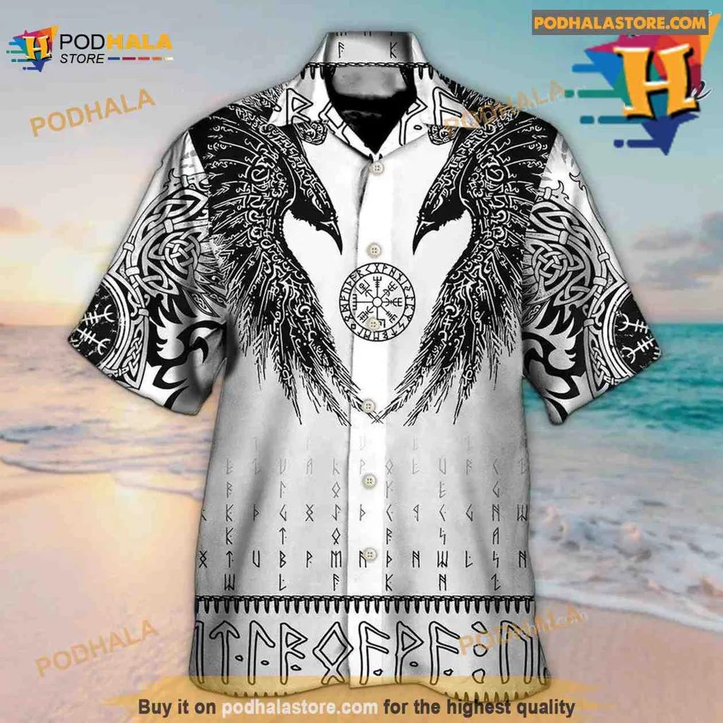 Viking Black Raven Hawaiian Shirt With Norse Design And Runic Patterns