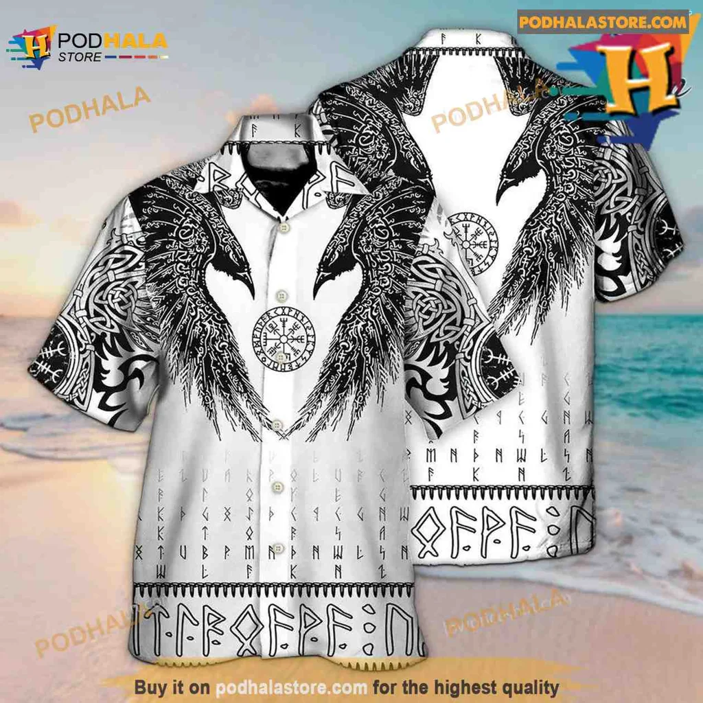 Viking Black Raven Aloha Shirt With Norse Design And Runic Patterns Viking Black Raven Aloha Shirt With Norse Design And Runic Patterns