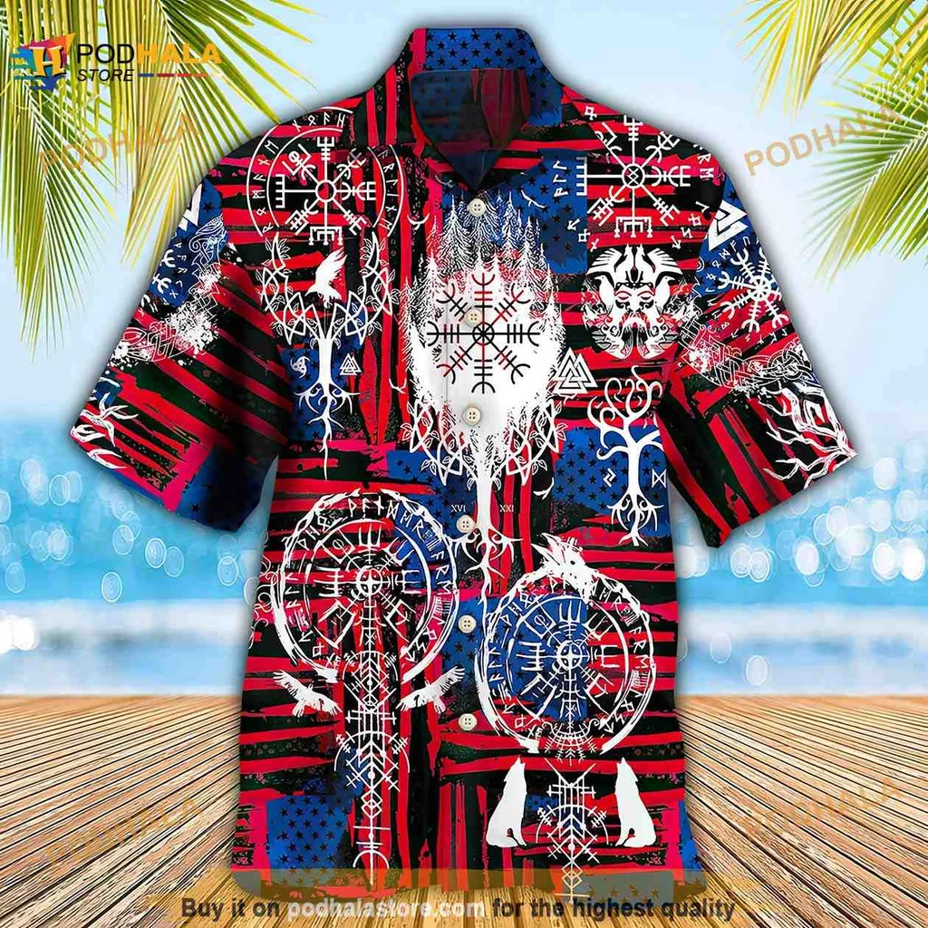 Viking Compass Aloha Shirt Featuring Vegvisir And Norse Symbols
