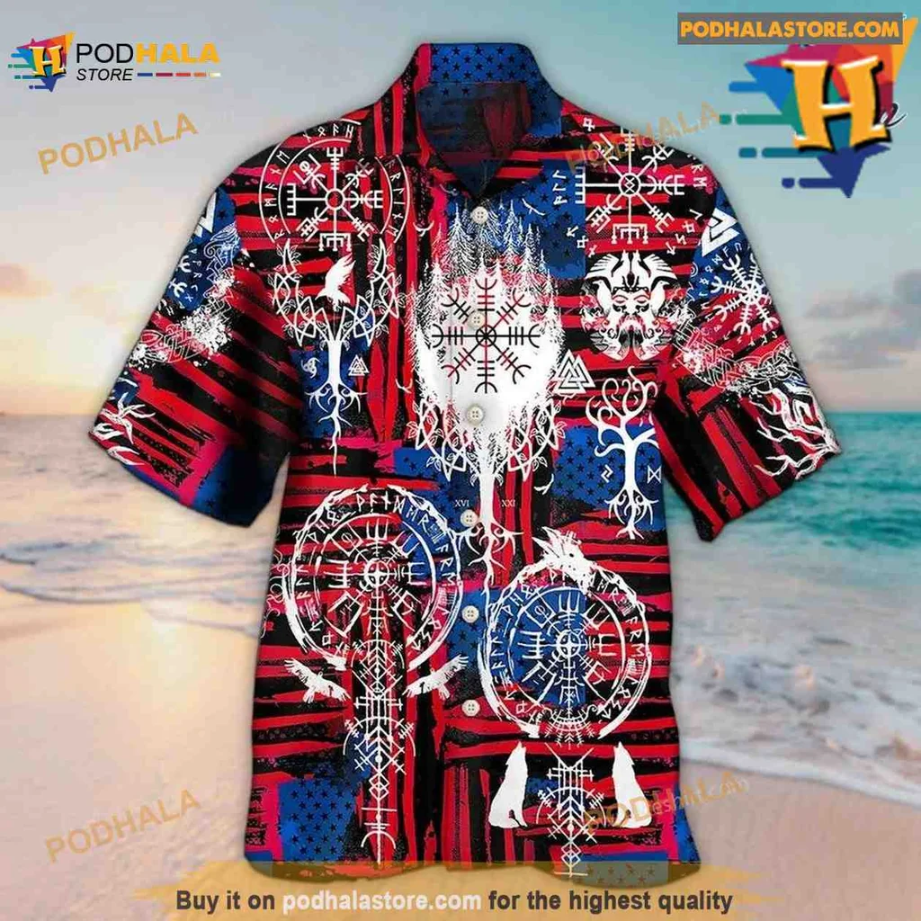 Viking Compass Hawaiian Shirt Featuring Vegvisir And Norse Symbols