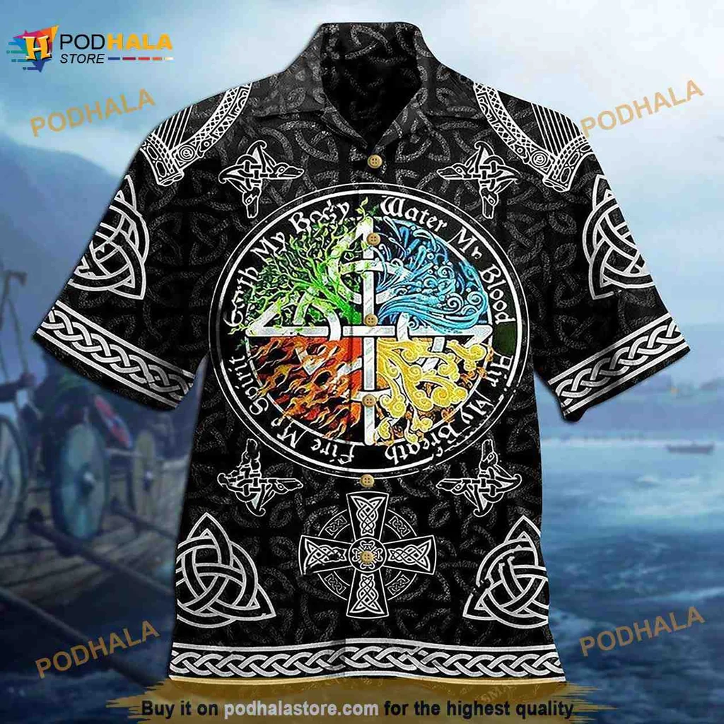 Viking Earth Water Blood Hawaiian Shirt, Celtic Knot Design