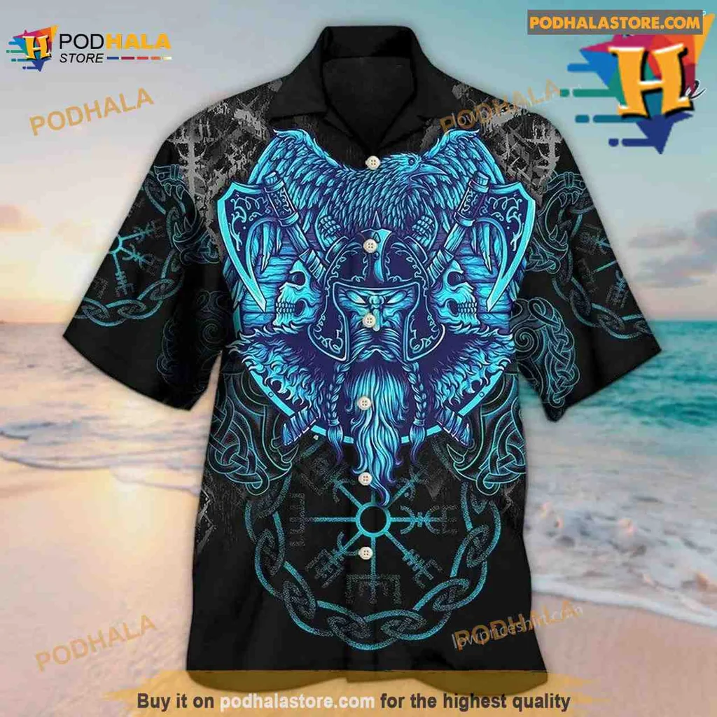 Viking Head Blue Hawaiian Shirt With Intricate Design