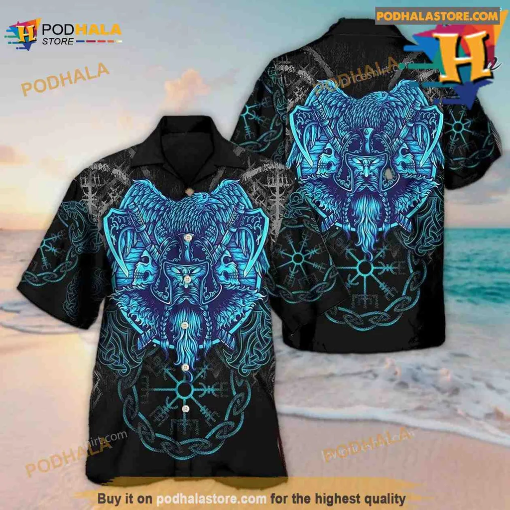 Viking Head Blue Aloha Shirt With Intricate Design Viking Head Blue Aloha Shirt With Intricate Design