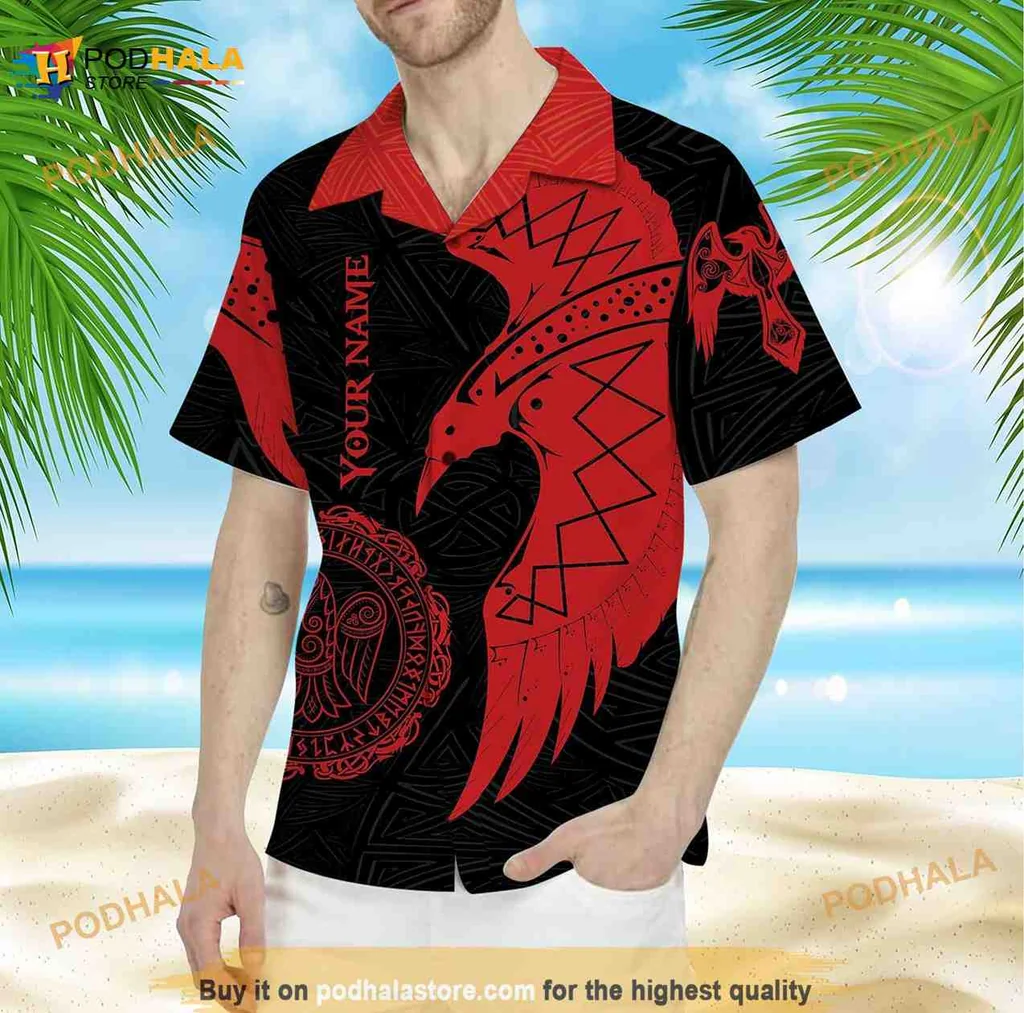 Viking Mythology Hawaiian Shirt Featuring Bold Red Bird Design