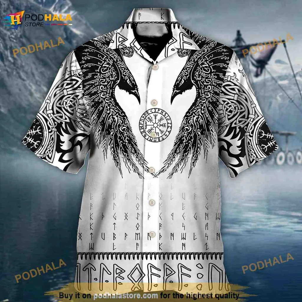 Viking Raven Black Aloha Shirt With Intricate Nordic Design