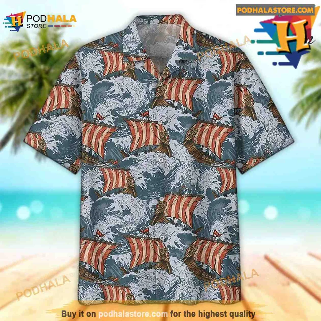 Viking Ship Tropical Aloha Shirt, Nautical Adventure Design Viking Ship Tropical Aloha Shirt, Nautical Adventure Design