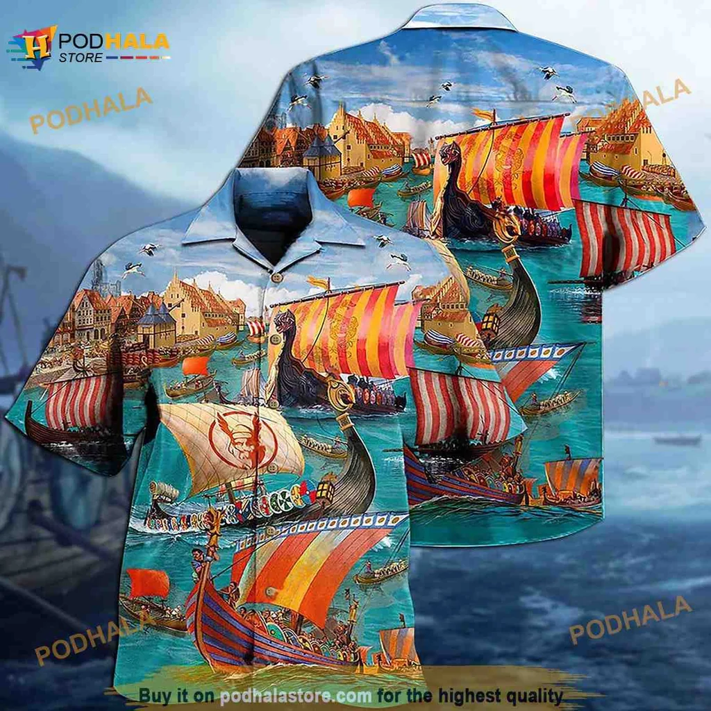 Viking Ships Tropical Hawaiian Shirt, Nautical Design Aloha Shirt