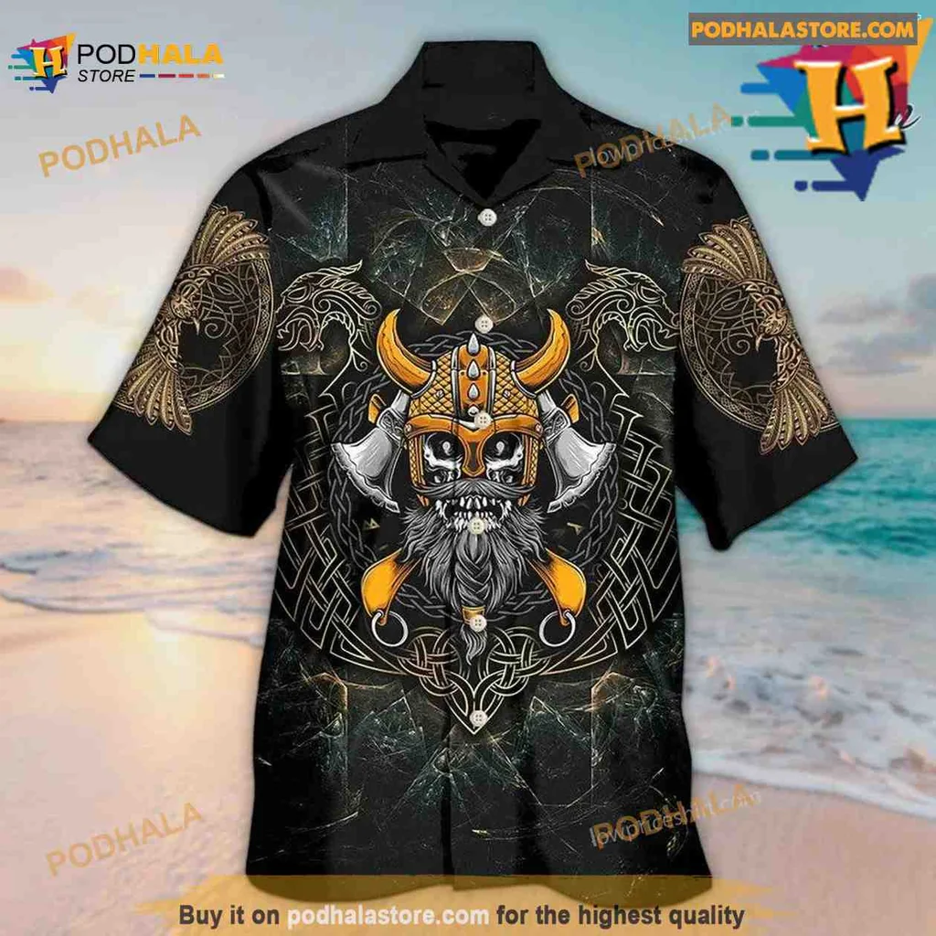 Viking Skull Hawaiian Shirt Featuring Norse Mythology Design