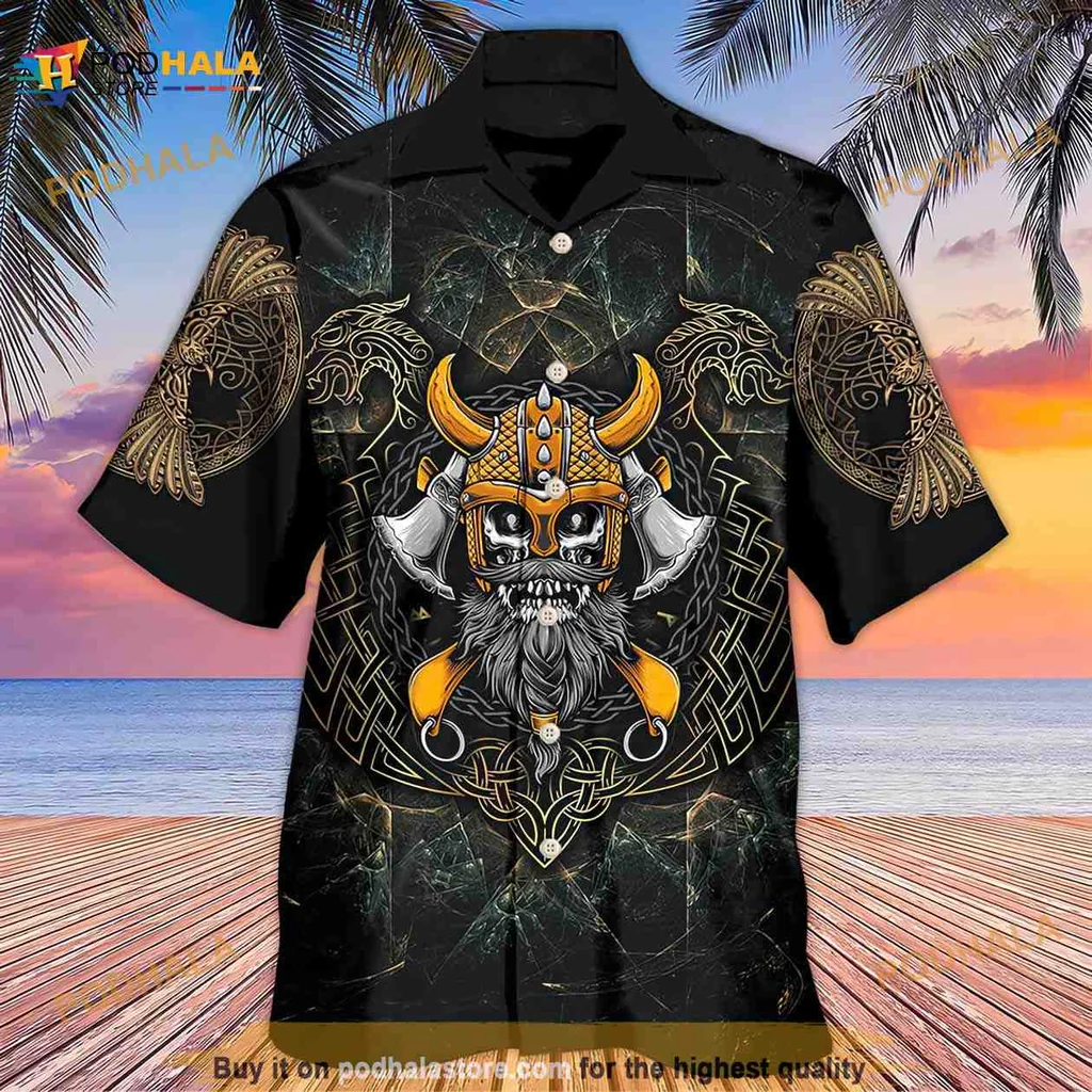 Viking Skull Hawaiian Shirt With Gold Accents And Norse Patterns