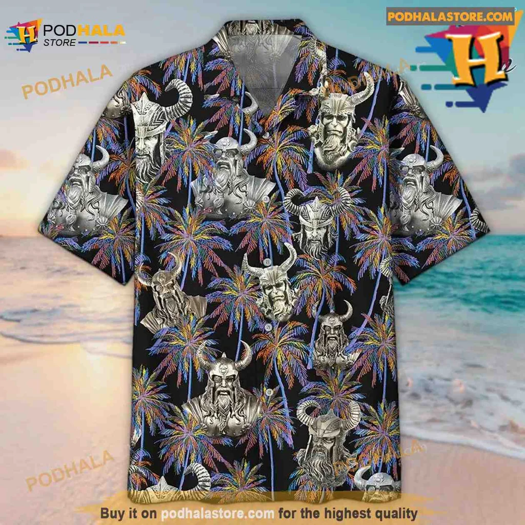 Viking Skull Tropical Hawaiian Shirt With Norse Motifs And Palm Trees