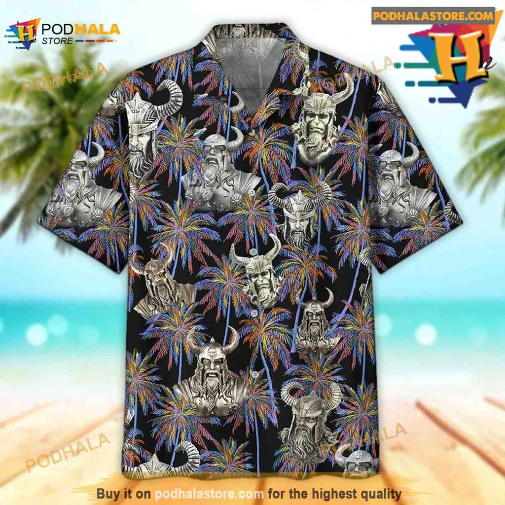 Viking Skull Tropical Aloha Shirt With Norse Motifs And Palm Trees Viking Skull Tropical Aloha Shirt With Norse Motifs And Palm Trees