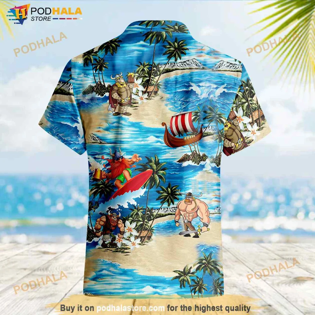 Viking Surfing Tropical Hawaiian Shirt With Cartoon Characters