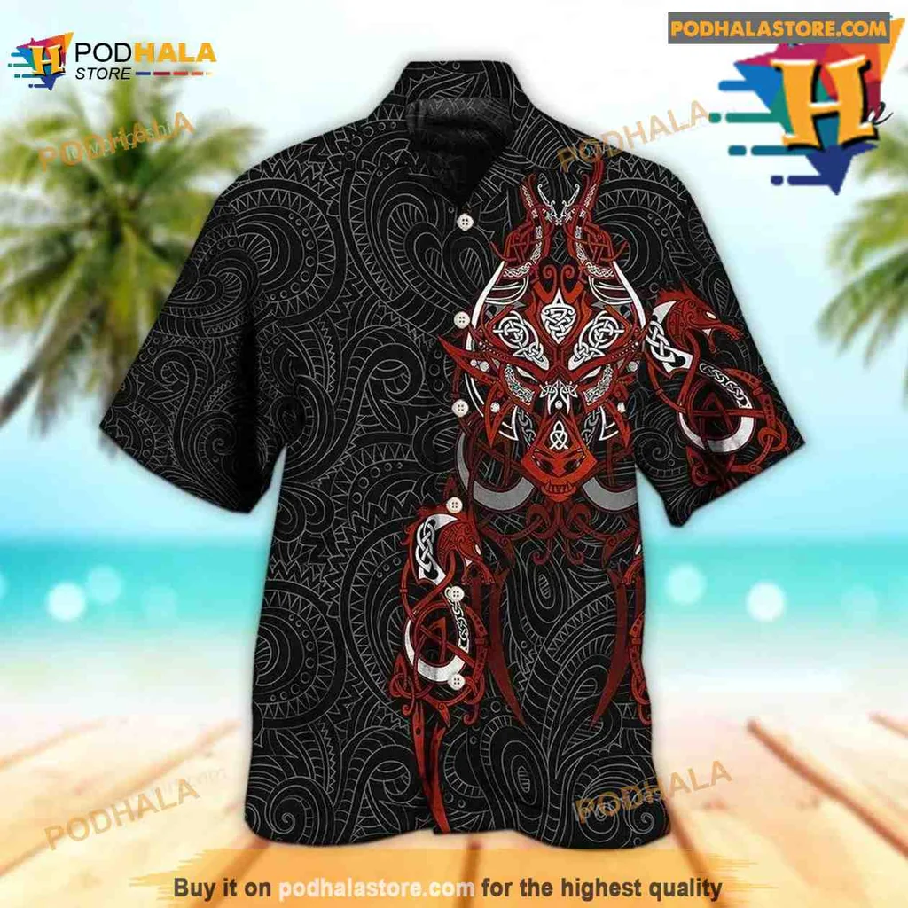 Viking Tribal Pattern Hawaiian Shirt With Bold Red And White Design