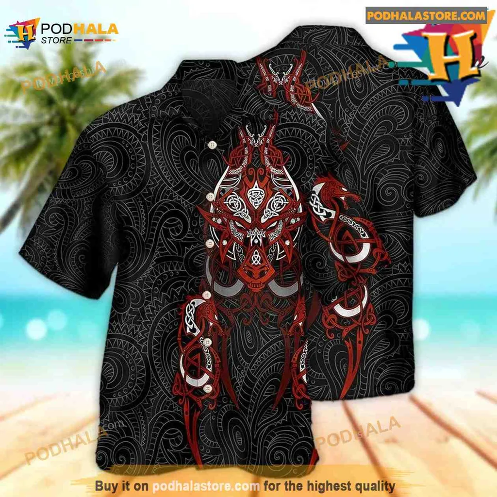 Viking Tribal Pattern Aloha Shirt With Bold Red And White Design Viking Tribal Pattern Aloha Shirt With Bold Red And White Design
