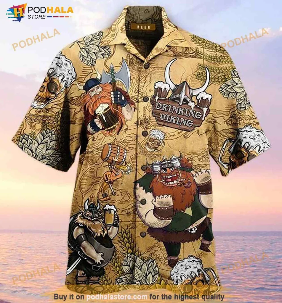 Viking Tropical Hawaiian Shirt With Cartoon Characters And Skull Motifs