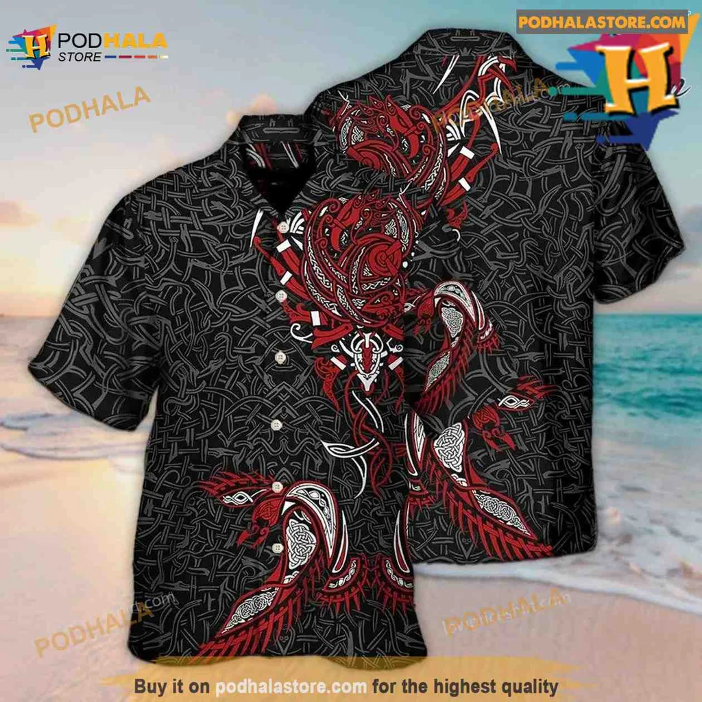 Viking War Raven Aloha Shirt, Bold Norse Mythology Design Viking War Raven Aloha Shirt, Bold Norse Mythology Design