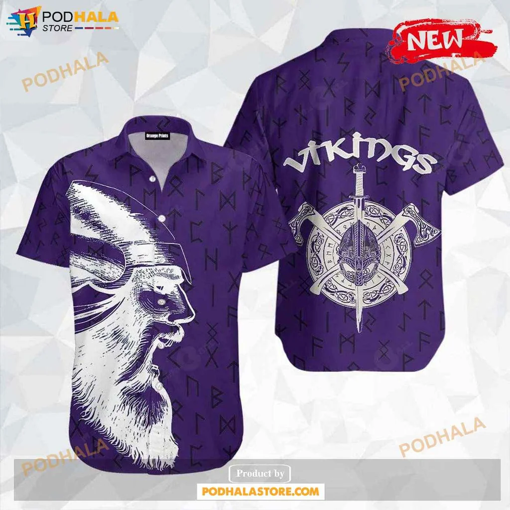 Viking Warrior Aloha Shirt, Purple Graphic Viking Design With Norse Runes