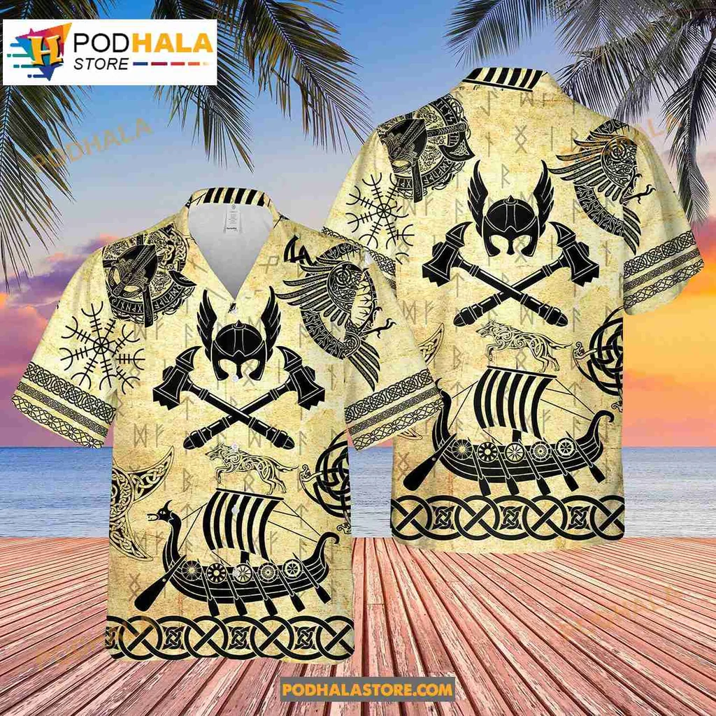 Viking Warrior Aloha Shirt With Helmets And Norse Symbols