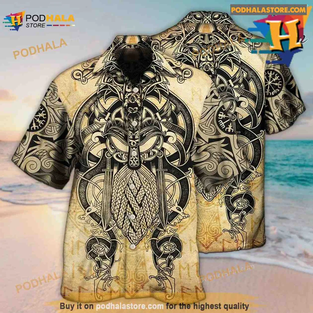 Viking Warrior Tropical Shirt With Norse Motifs And Tribal Design Viking Warrior Tropical Shirt With Norse Motifs And Tribal Design
