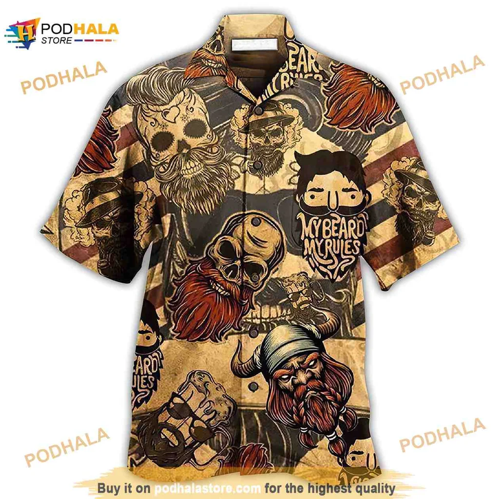 Viking Warrior Beard Hawaiian Shirt, Bold Skull Design With My Beard My Rules