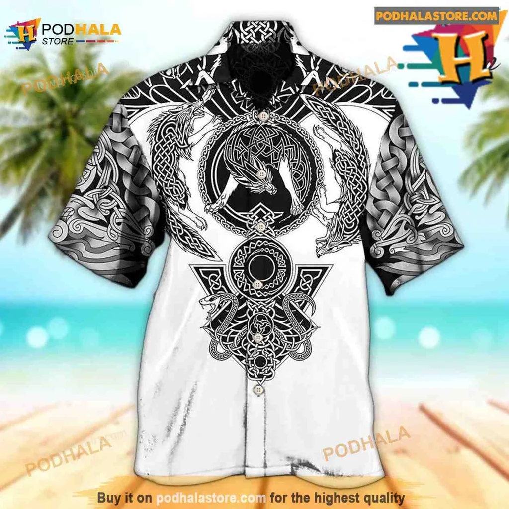Viking Warrior Black And White Hawaiian Shirt Featuring Norse Symbols