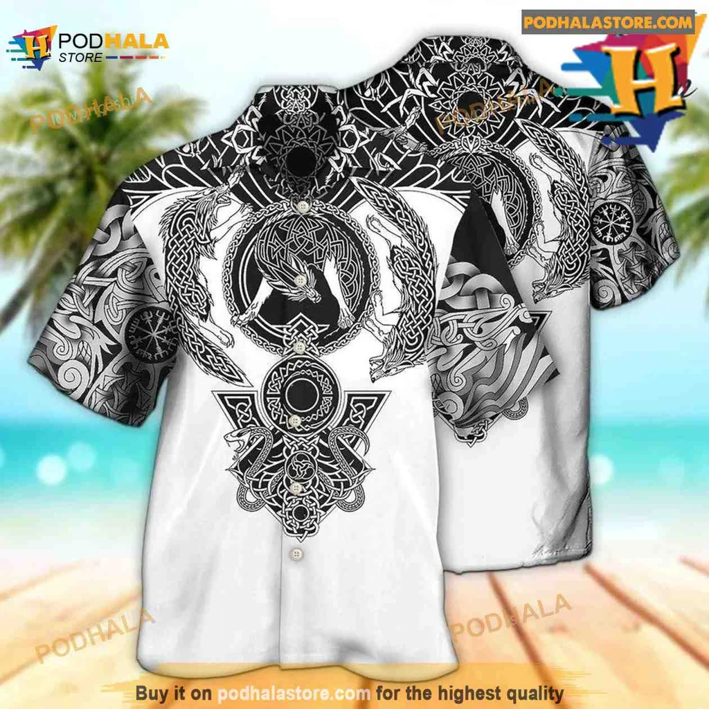 Viking Warrior Black And White Aloha Shirt Featuring Norse Symbols Viking Warrior Black And White Aloha Shirt Featuring Norse Symbols