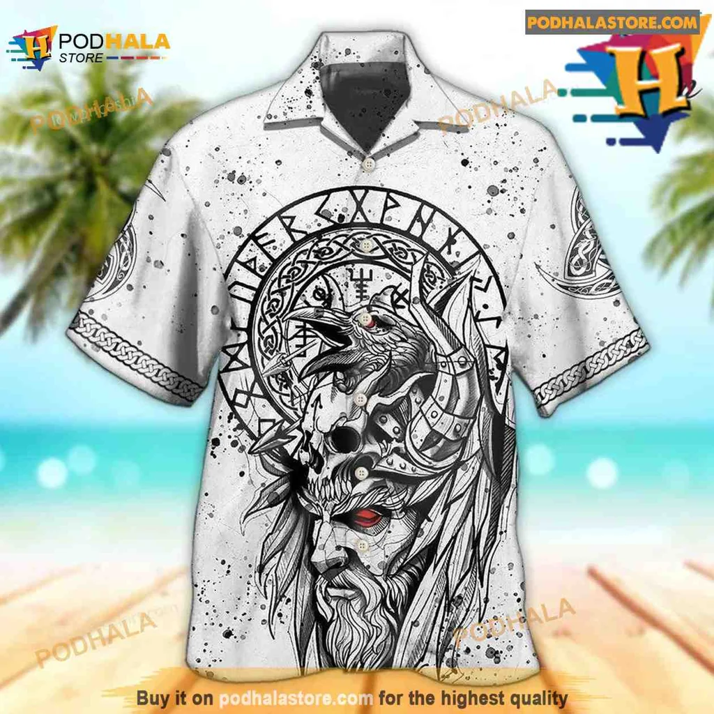 Viking Warrior Black And White Hawaiian Shirt With Norse Symbols
