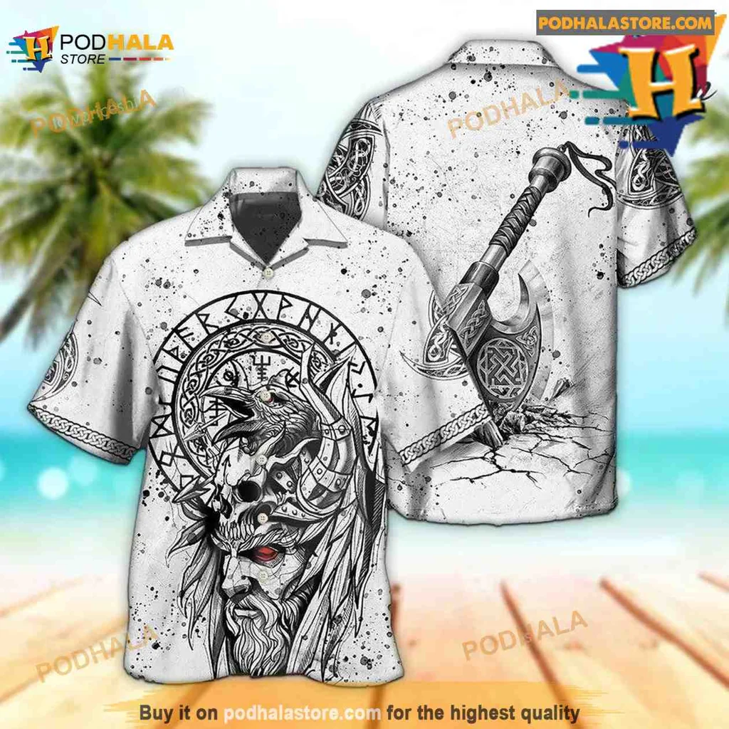 Viking Warrior Black And White Aloha Shirt With Norse Symbols Viking Warrior Black And White Aloha Shirt With Norse Symbols