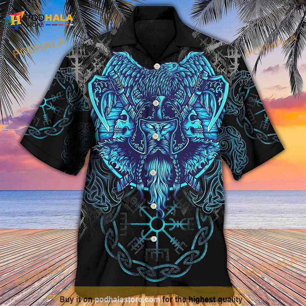 Viking Warrior Blue Hawaiian Shirt With Norse Mythology Design