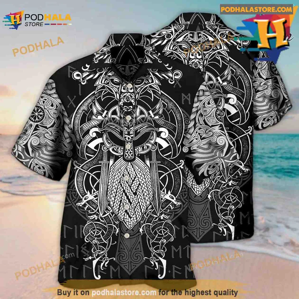 Viking Warrior Helmet Tropical Shirt With Norse Symbols And Bold Design Viking Warrior Helmet Tropical Shirt With Norse Symbols And Bold Design