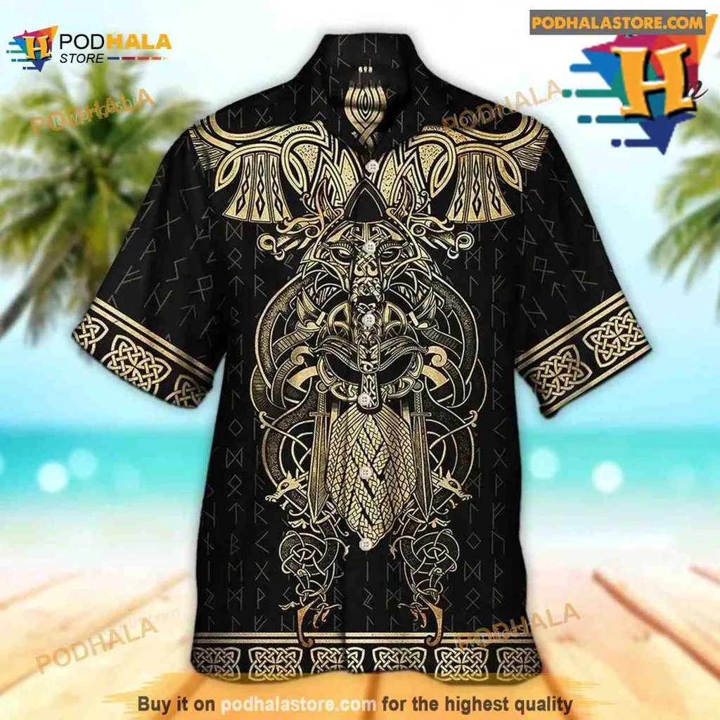 Viking Warrior Raven Aloha Shirt With Odin Symbol And Geometric Patterns