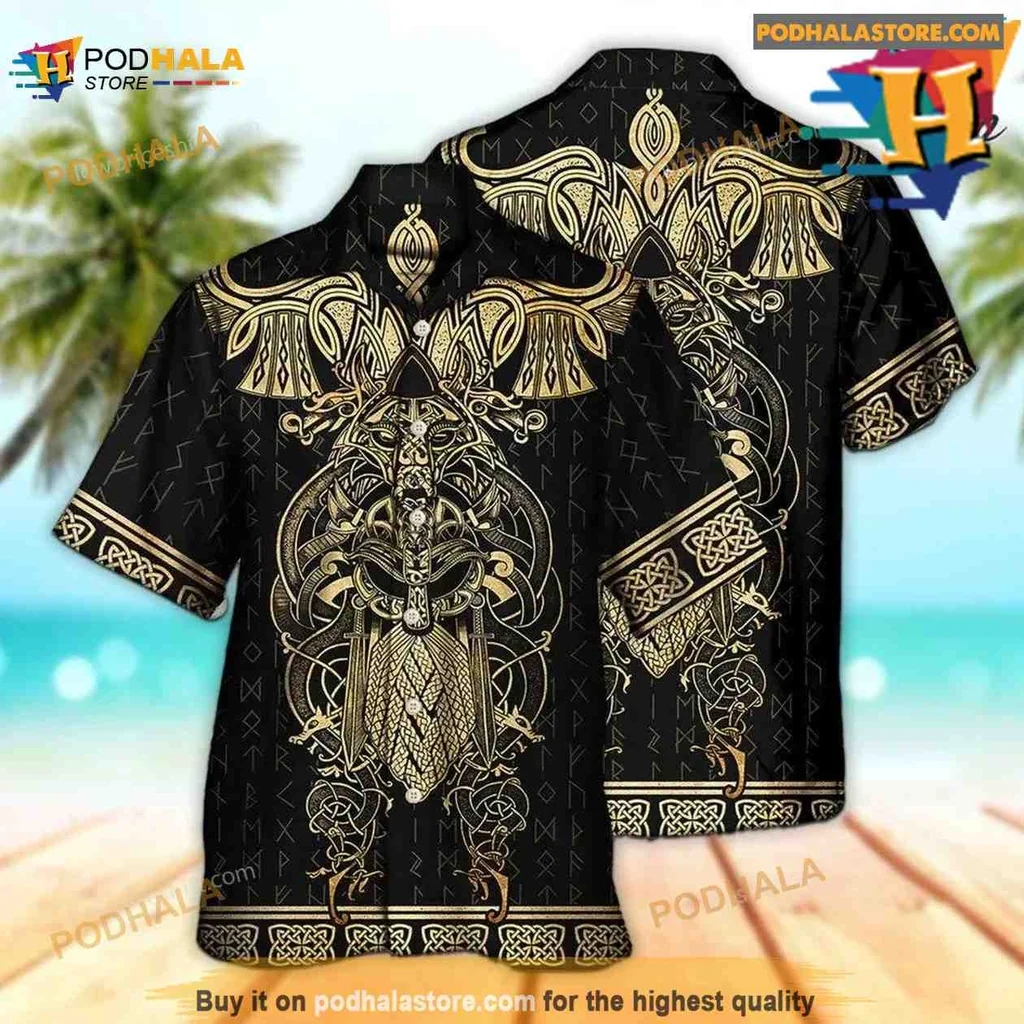 Viking Warrior Raven Tropical Shirt With Odin Symbol And Geometric Patterns Viking Warrior Raven Tropical Shirt With Odin Symbol And Geometric Patterns