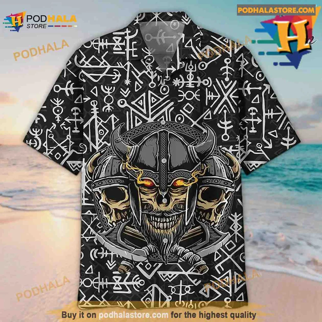 Viking Warrior Skull Hawaiian Shirt With Runes And Glowing Eyes