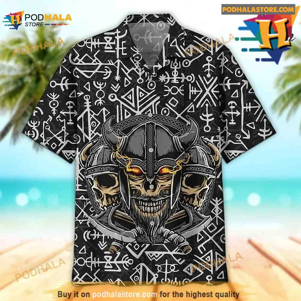 Viking Warrior Skull Aloha Shirt With Runes And Glowing Eyes Viking Warrior Skull Aloha Shirt With Runes And Glowing Eyes