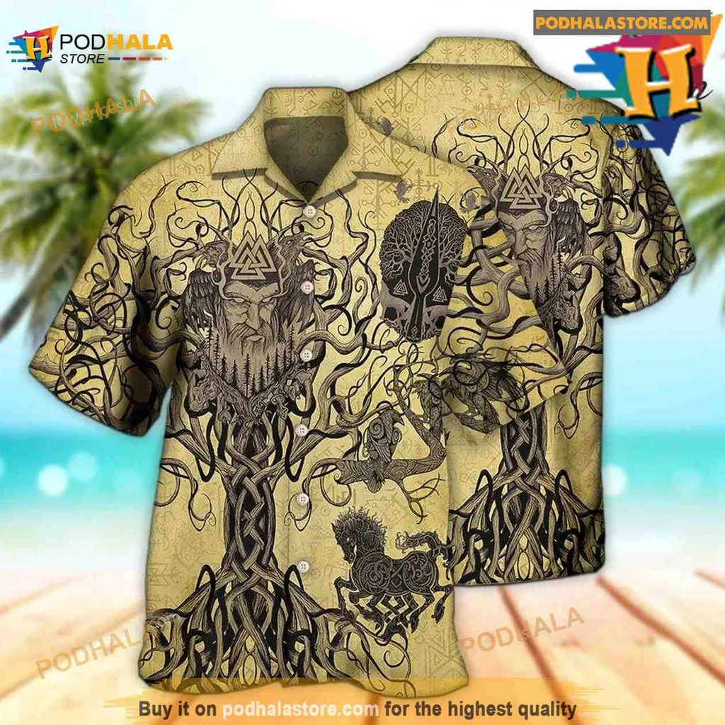 Viking Warrior Tree Aloha Shirt, Bold Norse Design For Nature Lovers Viking Warrior Tree Aloha Shirt, Bold Norse Design For Nature Lovers