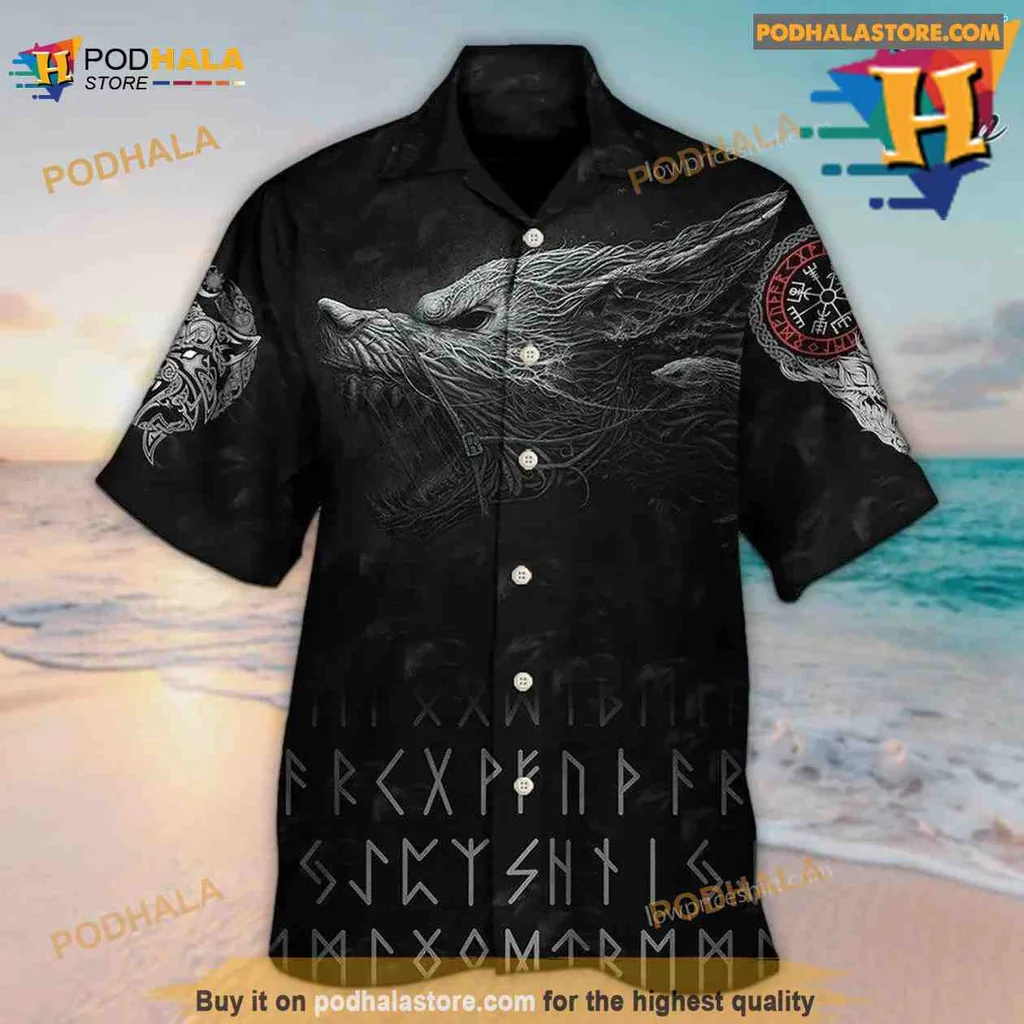 Viking Warrior Wolf Aloha Shirt, Bold Norse Design Hawaiian Shirt