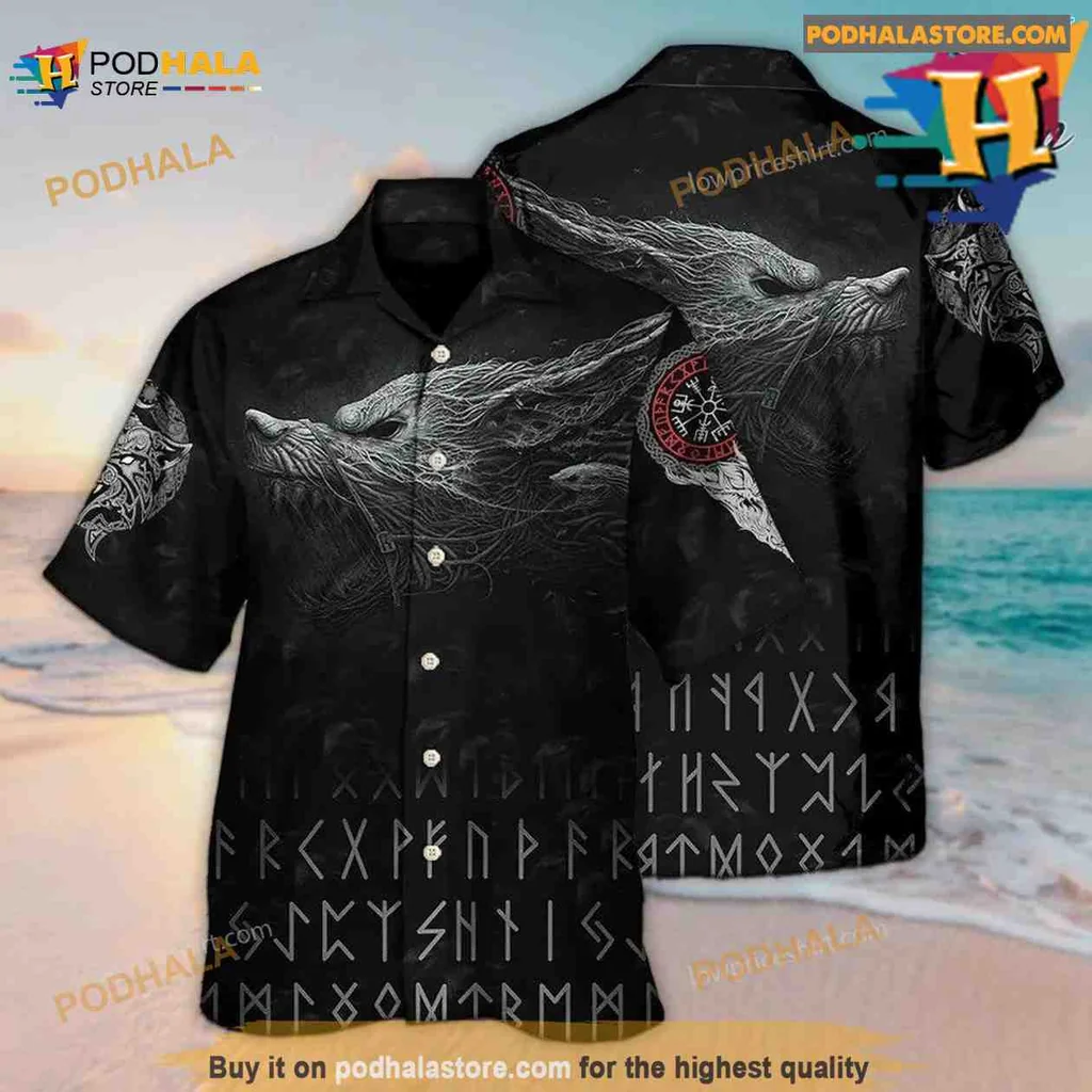 Viking Warrior Wolf Tropical Shirt, Bold Norse Design Hawaiian Shirt Viking Warrior Wolf Tropical Shirt, Bold Norse Design Hawaiian Shirt