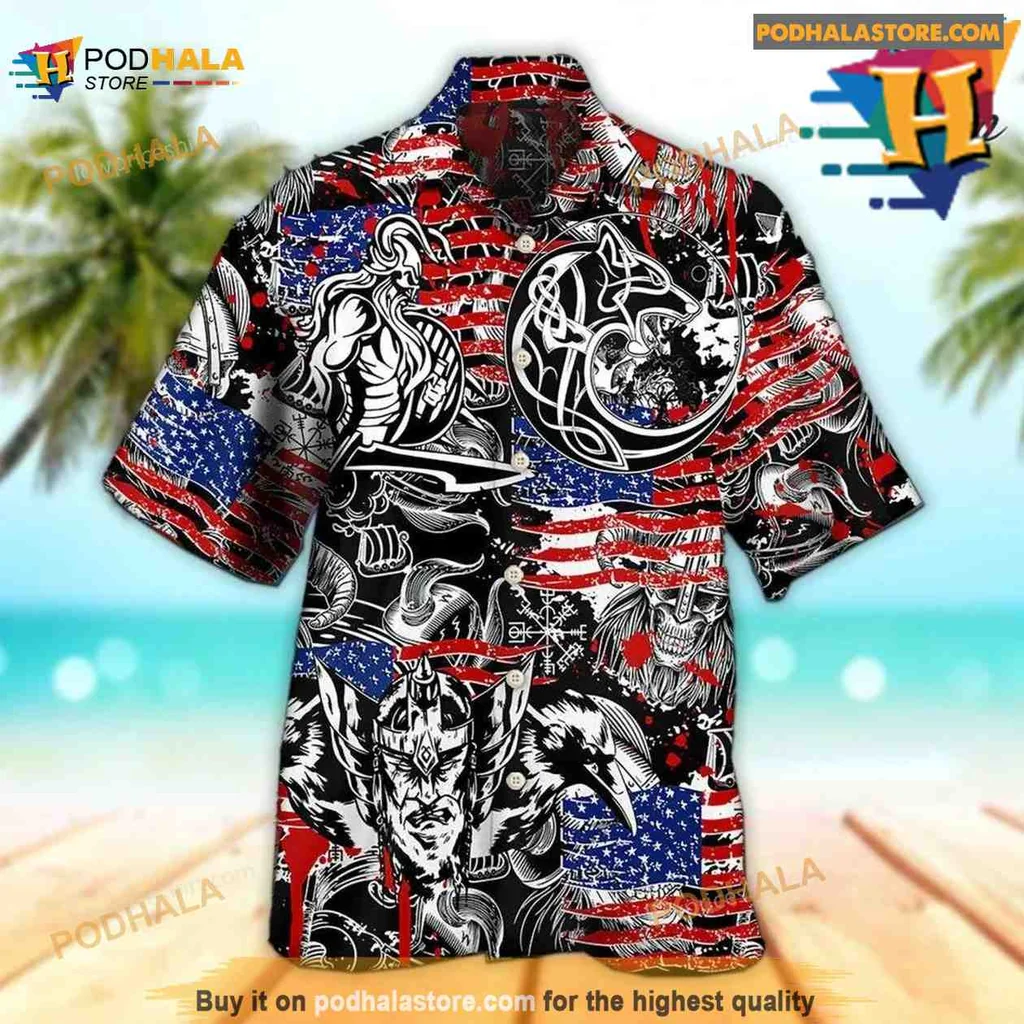 Viking Warrior Wolf Aloha Shirt With American Flag Design