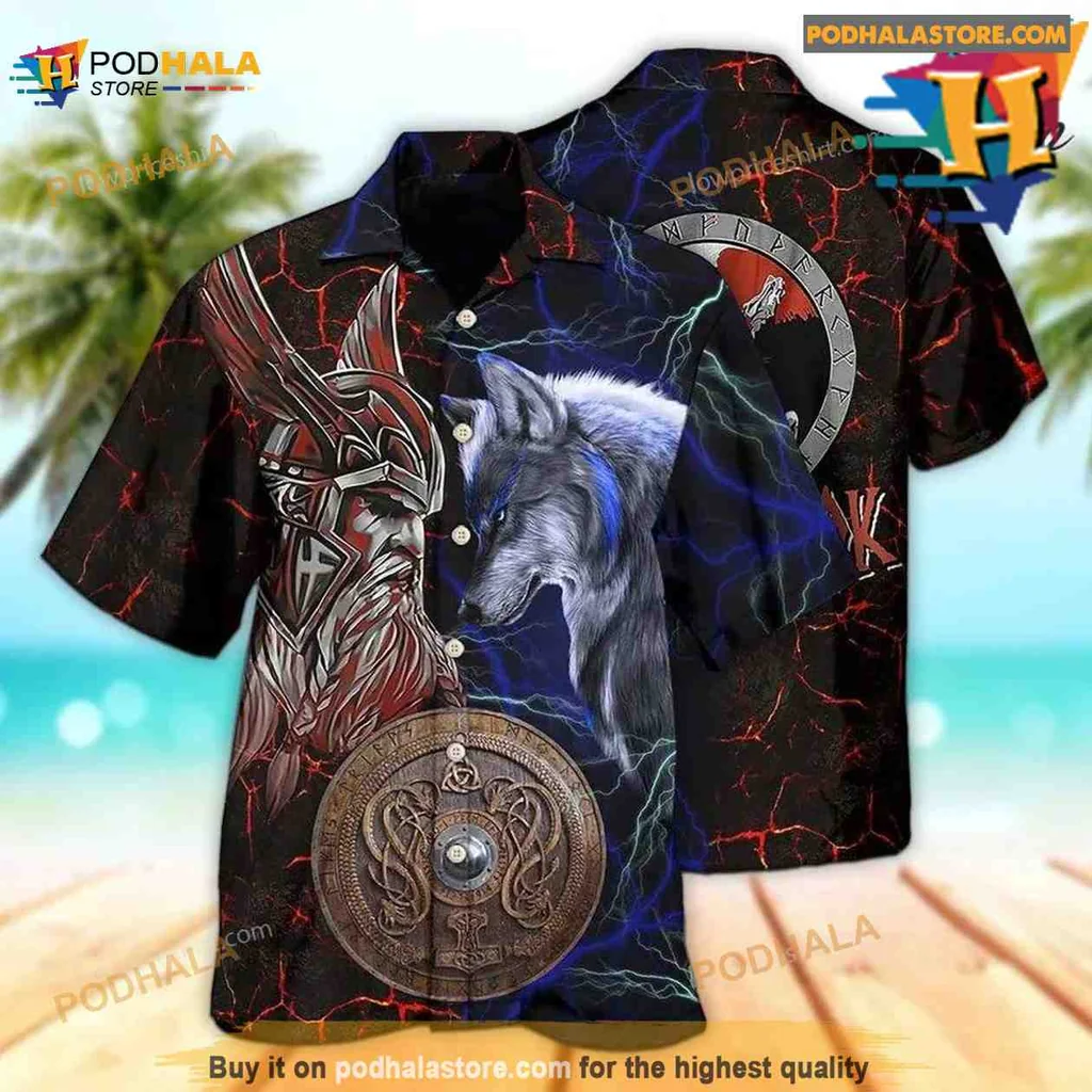Viking Warrior Wolf Aloha Shirt, Bold Norse Mythology Design Viking Warrior Wolf Aloha Shirt, Bold Norse Mythology Design